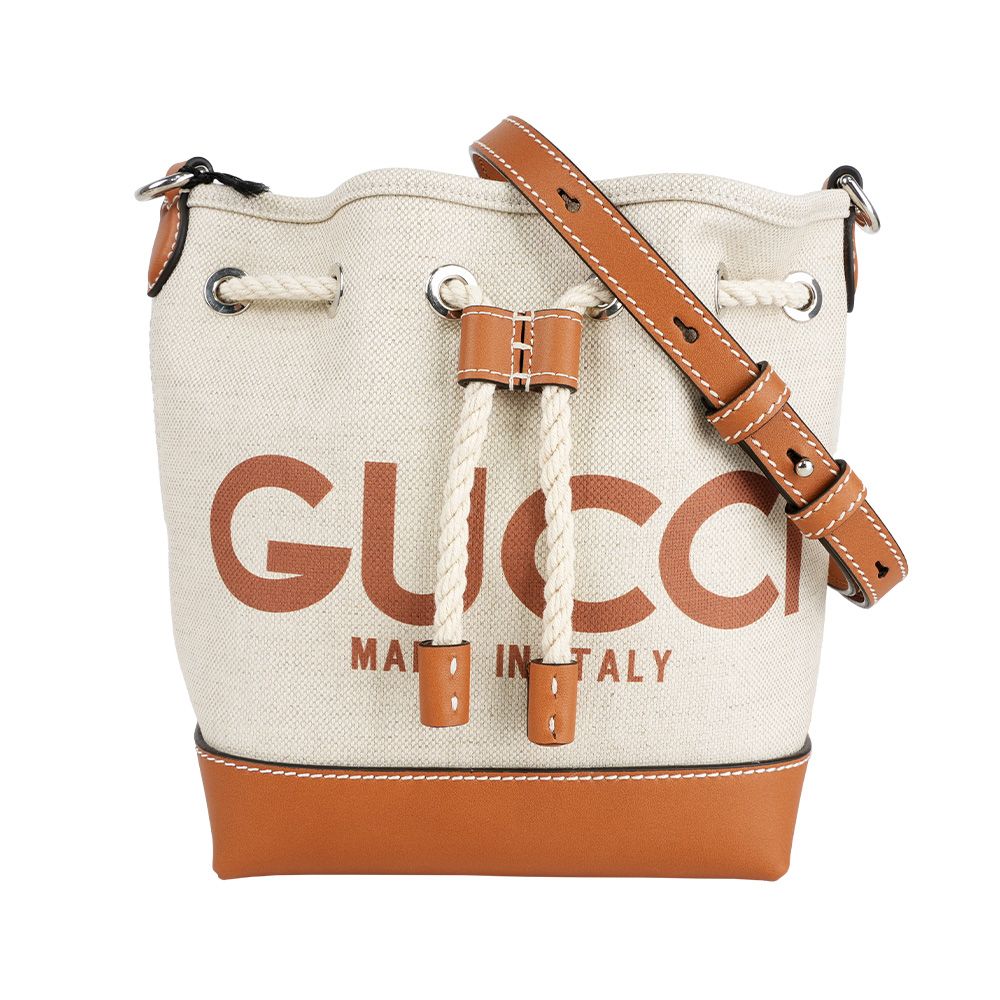【GUCCI】Logo 標誌帆布及皮革迷你水桶包(米色/棕色)/ 平行輸入
