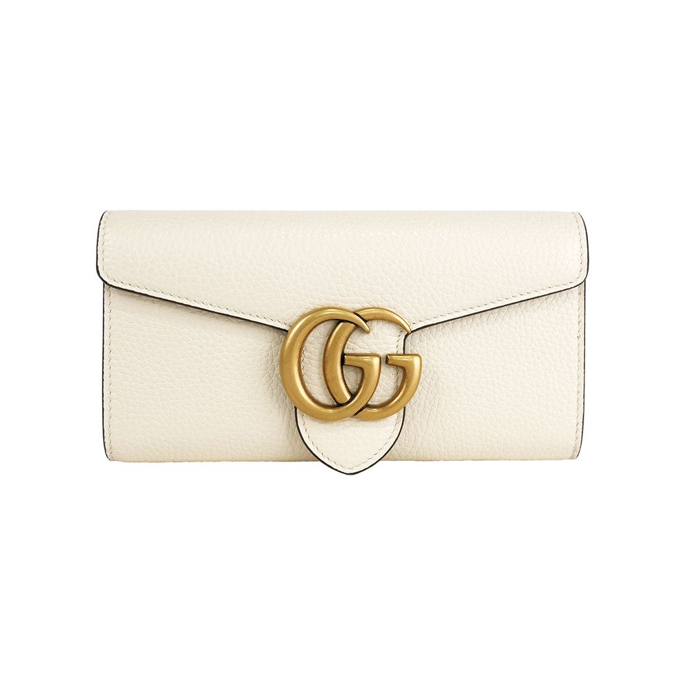 【GUCCI】Marmont 金色標誌粒紋皮革釦式二折長夾(象牙白)/ 平行輸入