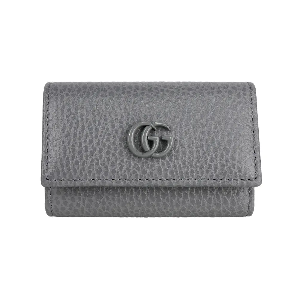 【GUCCI】GG Logo 荔枝皮革6孔鑰匙包(灰色)/ 平行輸入