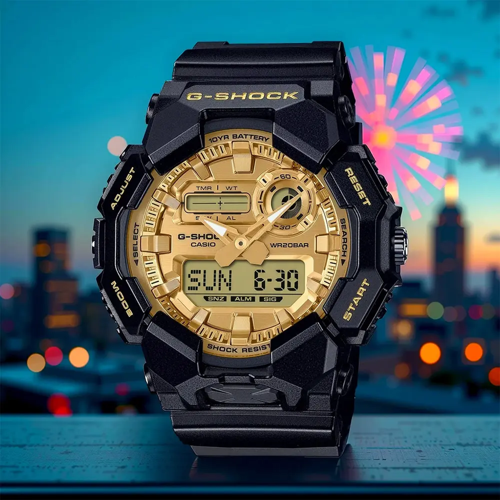CASIO 卡西歐 G-SHOCK 經典黑金 10年電力雙顯手錶(GA-010GGB-1A9)