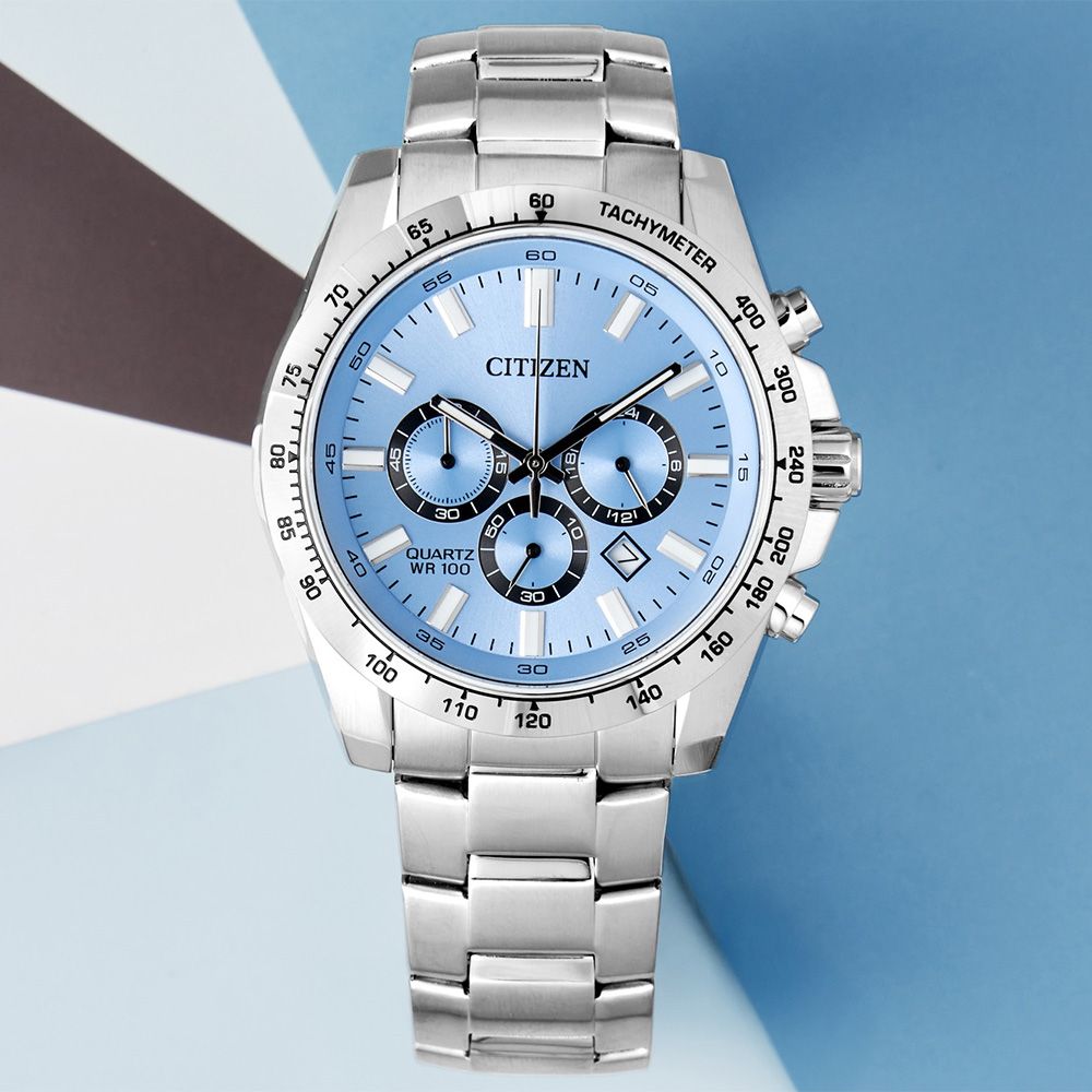 CITIZEN 星辰 Chronograph 紳男三眼計時手錶-冰河藍/44mm (AN8230-59L)