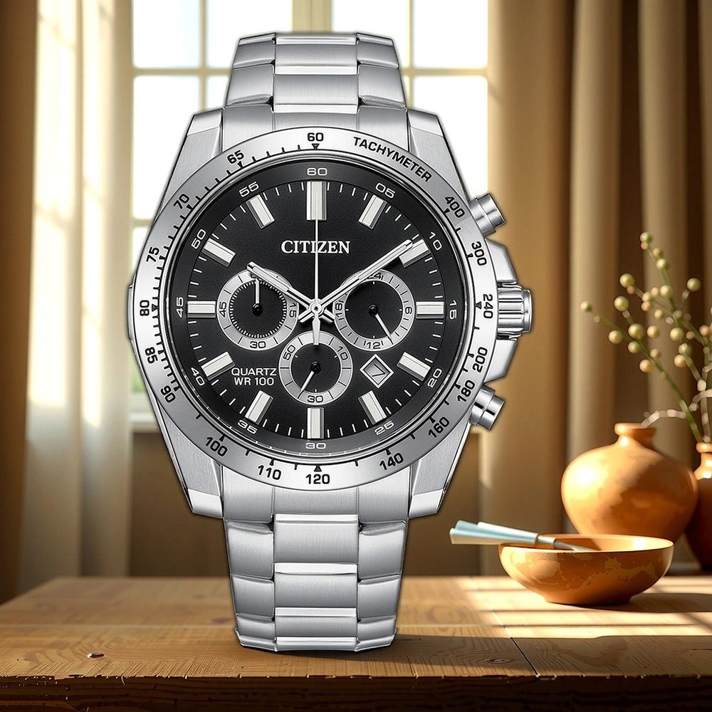 CITIZEN 星辰 Chronograph 紳男三眼計時手錶-銀x黑/44mm (AN8230-59E)