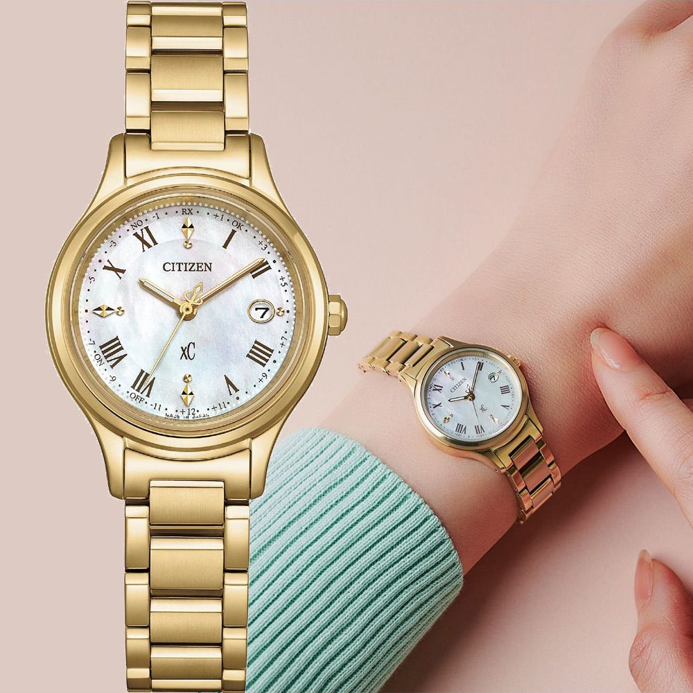 CITIZEN 星辰 XC 輕奢光 限量 光動能鈦金屬電波女錶-琥珀金/27mm (ES9492-57D)