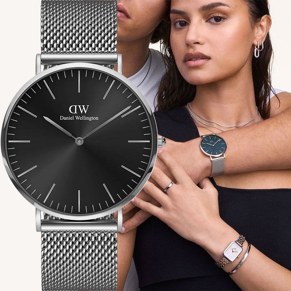 Daniel Wellington DW Classic Mesh Onyx 經典極簡美學米蘭帶手錶-40mm/銀框(DW00100629)
