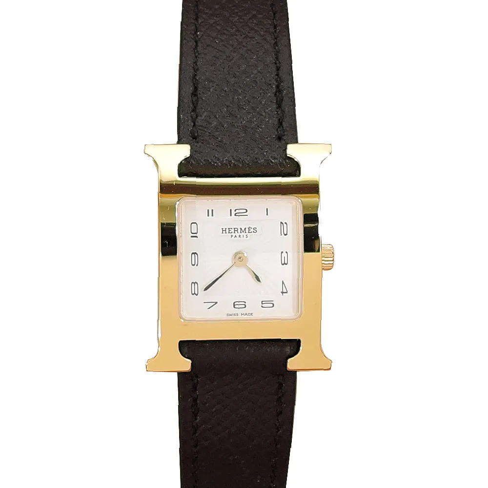 Hermes 愛馬仕 Heure H小牛皮金框石英女仕腕錶(經典黑/21mm)/平行輸入