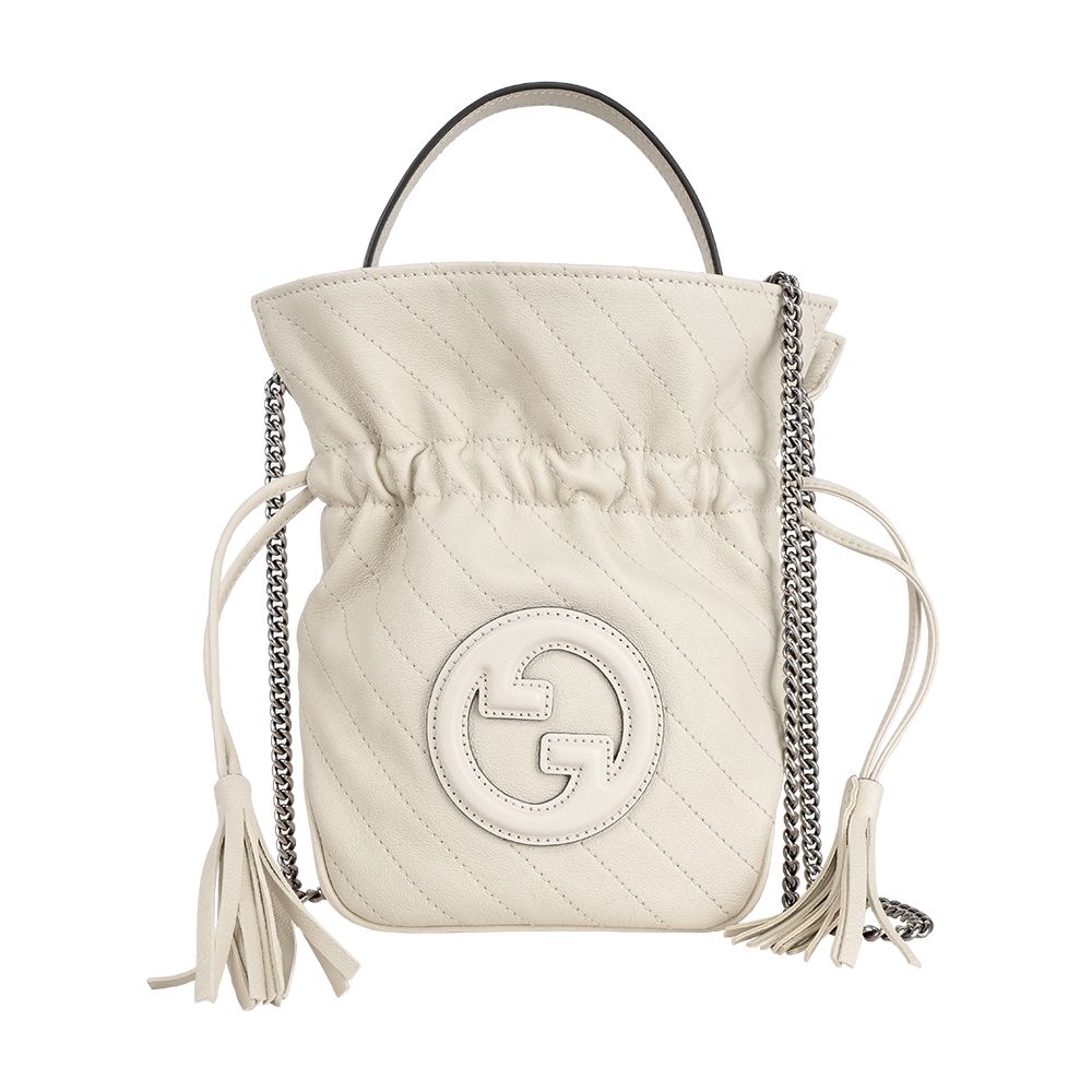 【GUCCI】Blondie 縫線皮革束口迷你水桶包(白色)/ 平行輸入