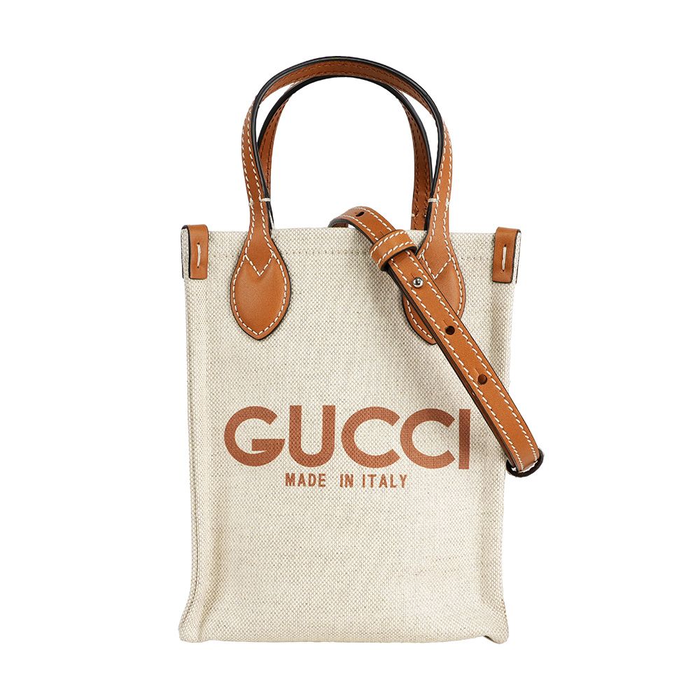 【GUCCI】Logo 標誌帆布小款二用琴譜包(米色/棕色)/ 平行輸入