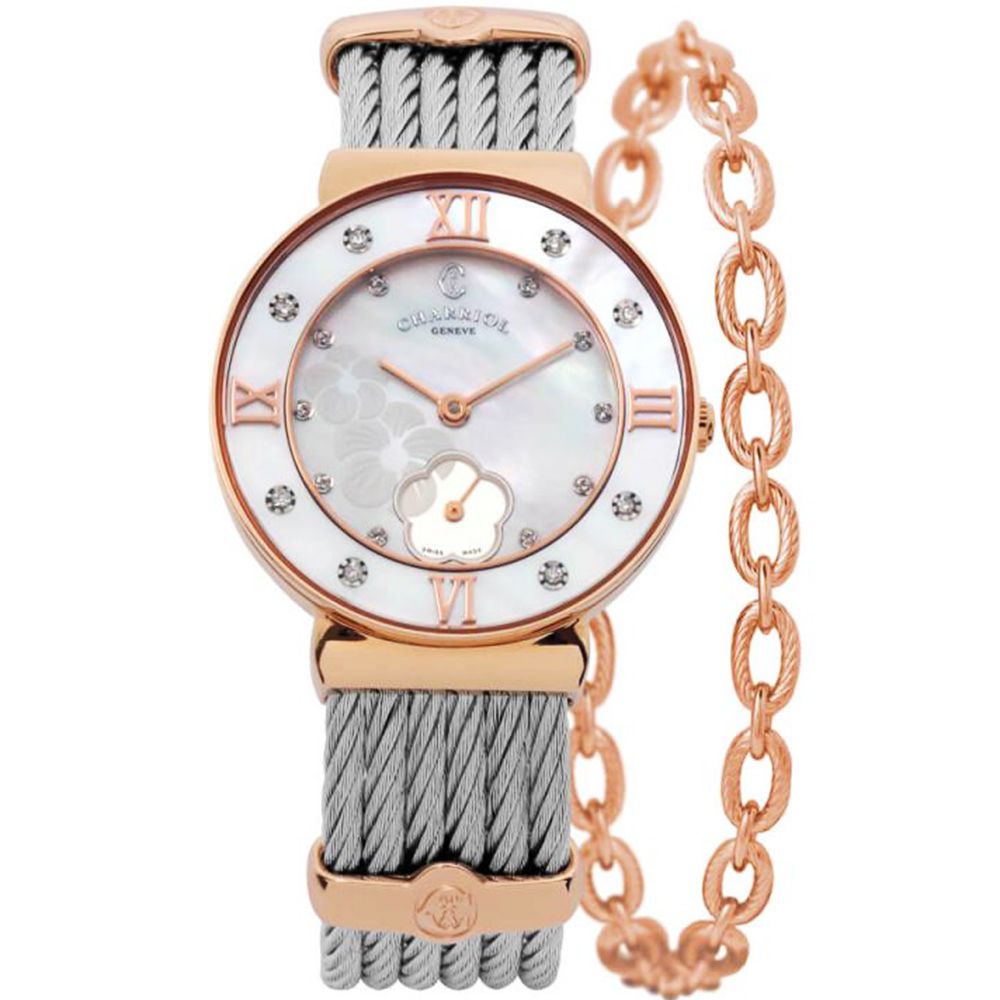 CHARRIOL 夏利豪 St-Tropez 鈦 花漾小秒盤鎖鏈鋼索手錶-30mm 尺寸L(錶帶17-18cm) (ST30PD560055)