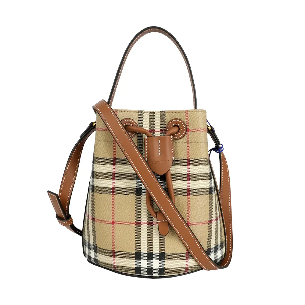 【BURBERRY】格紋帆布及皮革迷你水桶包(經典米色/石楠木棕)/ 平行輸入