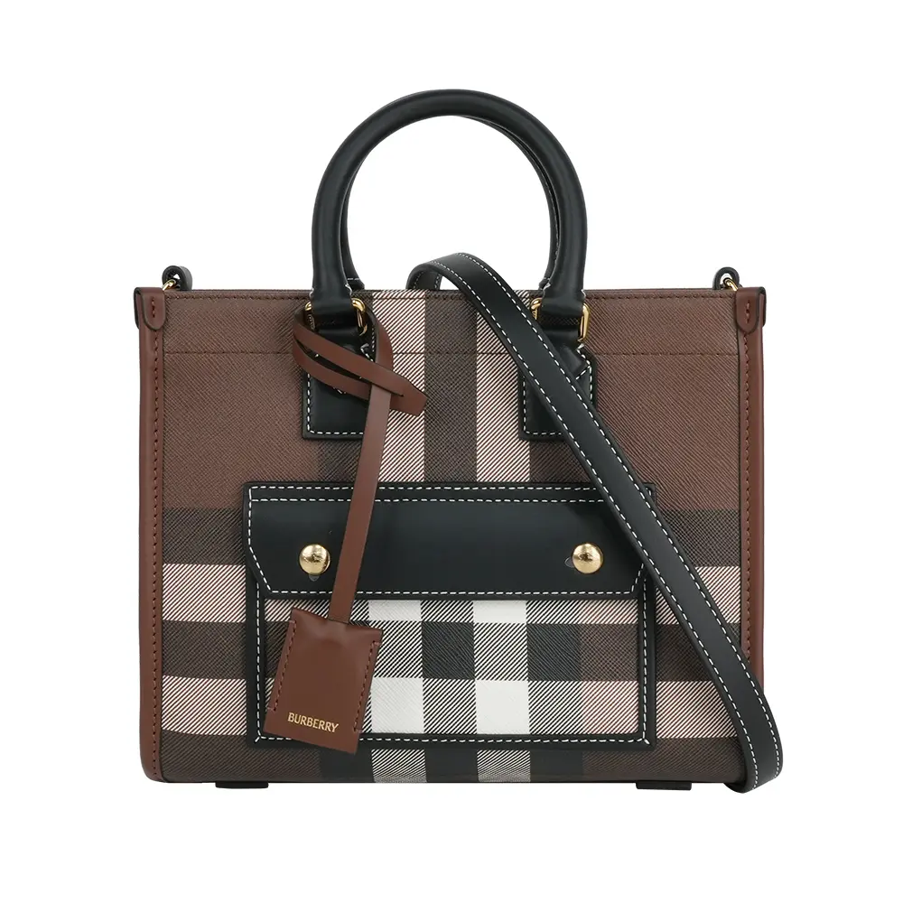 【BURBERRY】Freya 格紋帆布拼皮革迷你二用托特包(暗樺木棕色)/ 平行輸入