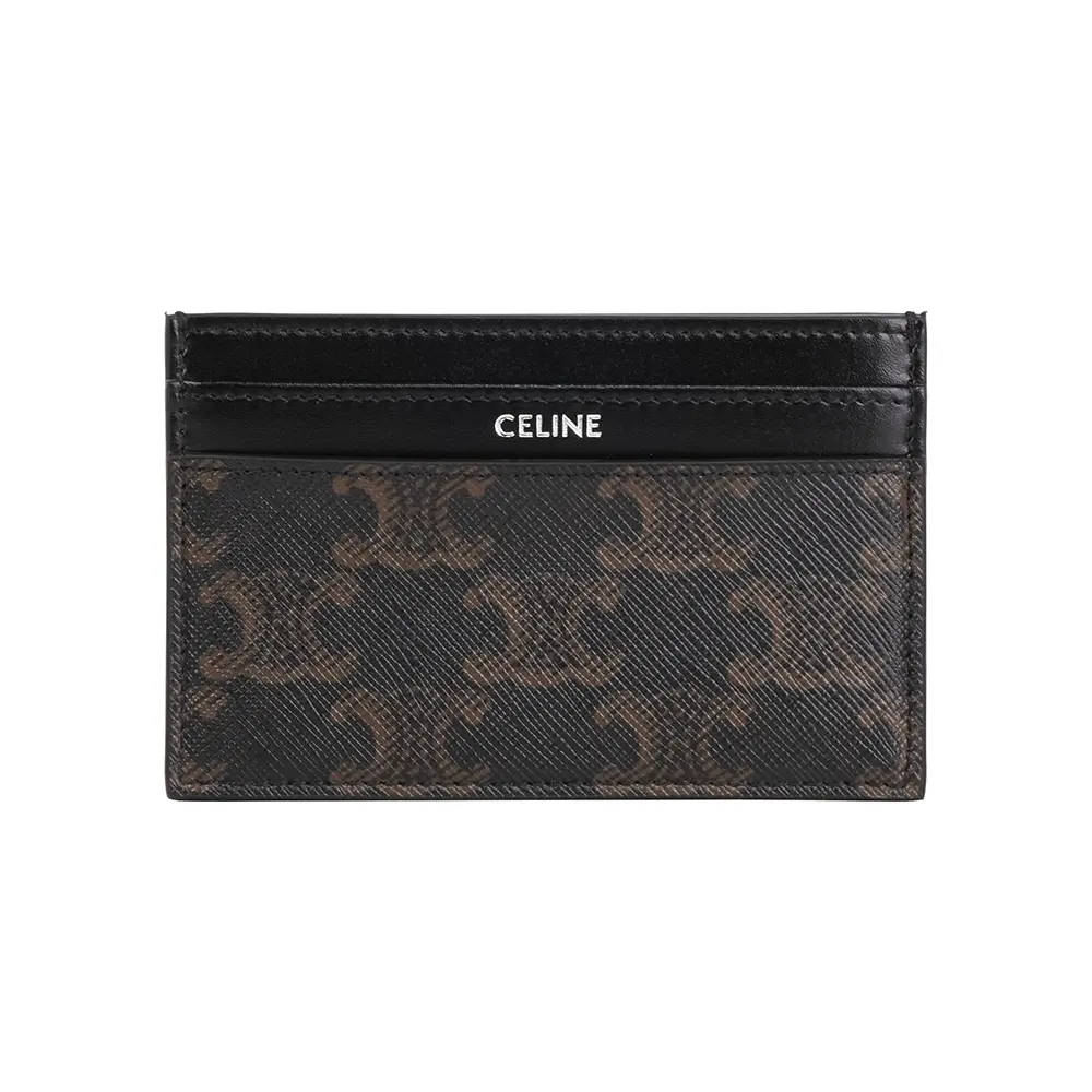 【CELINE】銀字凱旋標誌塗層帆布中型名片夾/卡片夾(黑色)/ 平行輸入