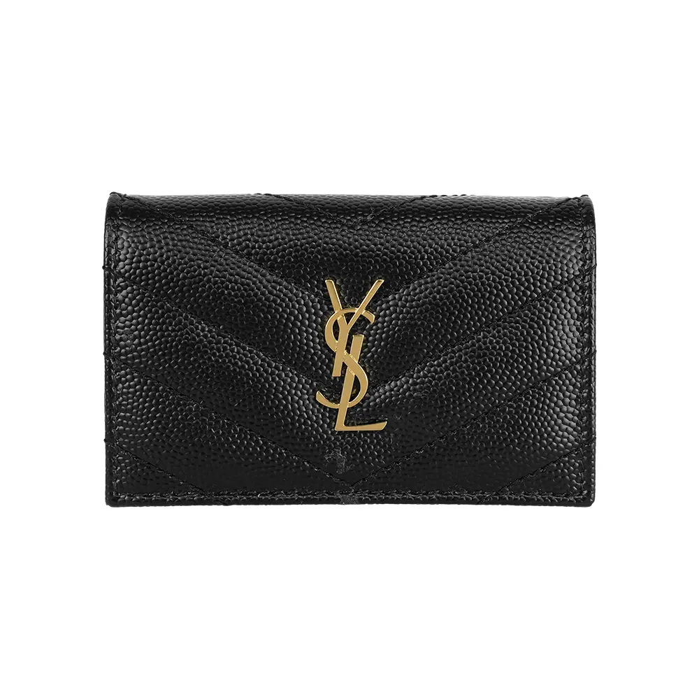 【YSL】Origami 金字粒紋牛皮雙釦迷你短夾(黑色)/ 平行輸入