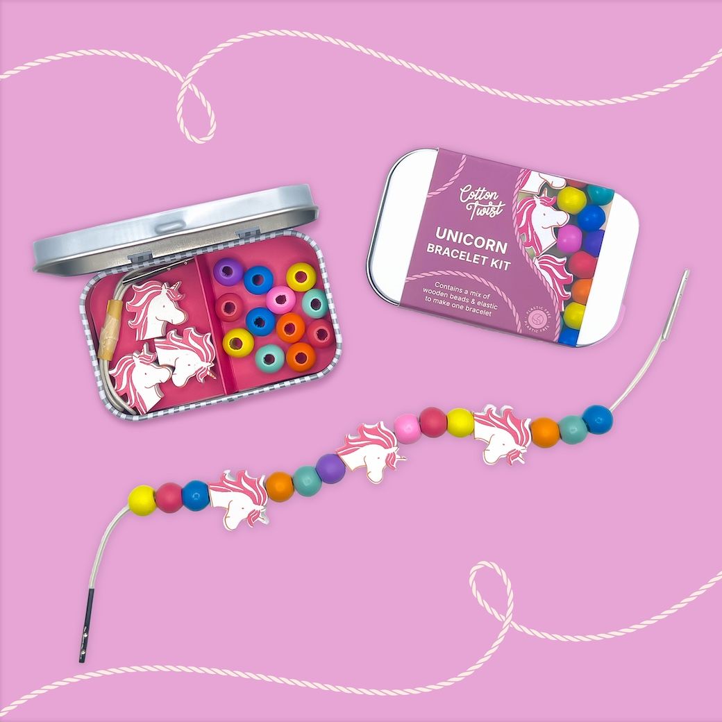 Cotton Twist孩子的手工藝木質串珠手環/ 獨角獸/ 迷你鐵盒