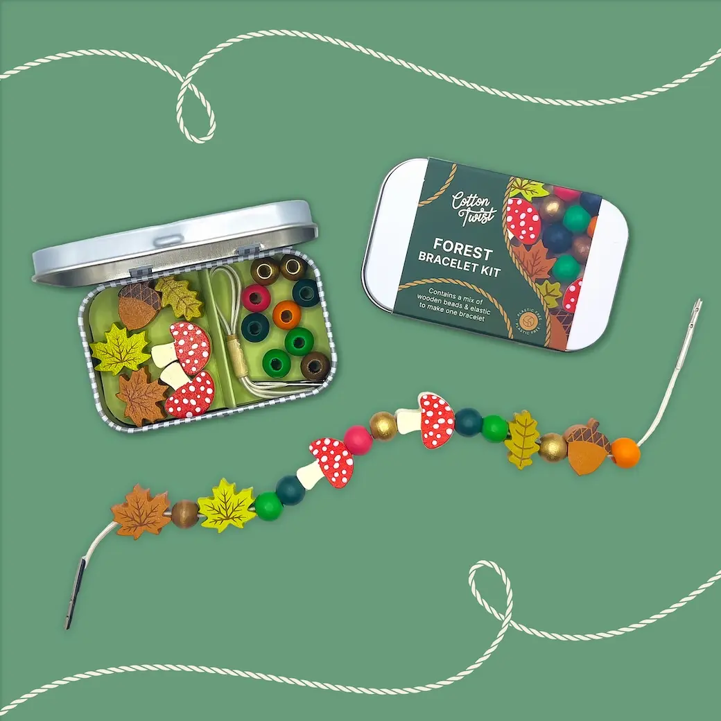 Cotton Twist孩子的手工藝木質串珠手環/ 森林/ 迷你鐵盒
