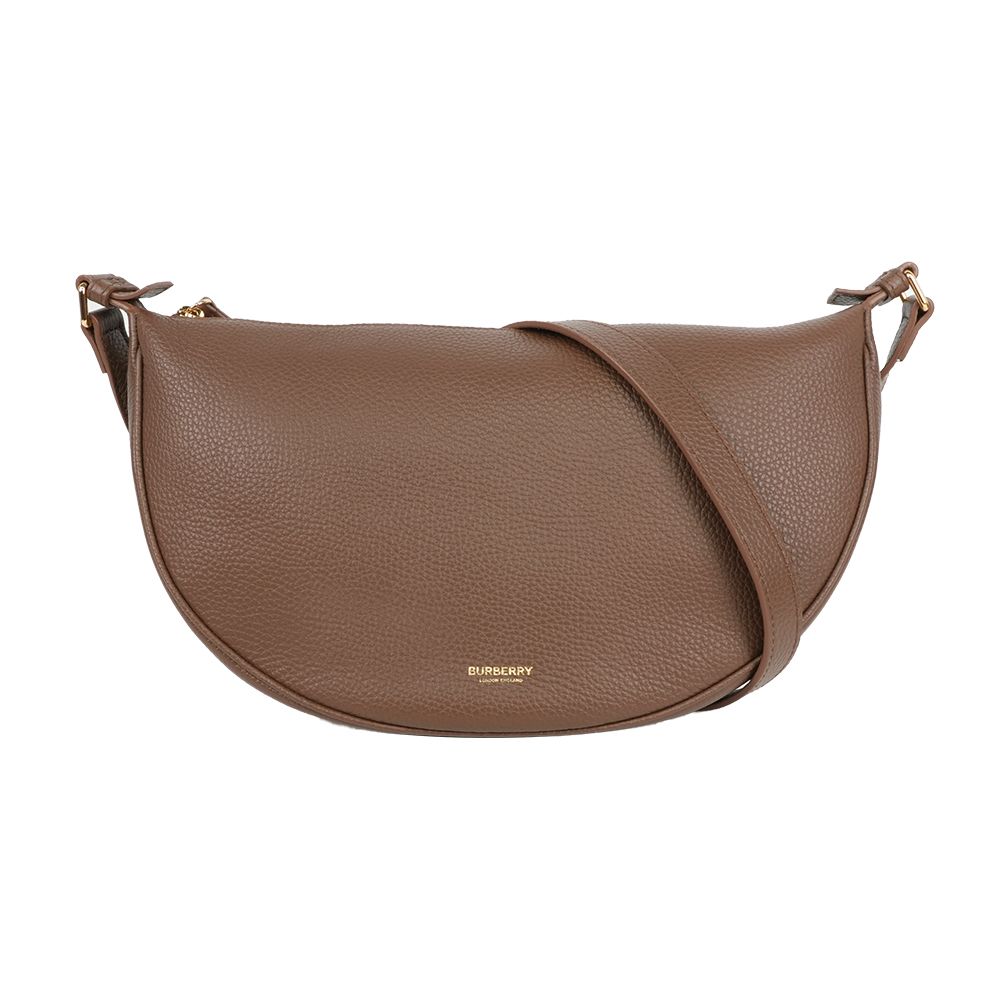 【BURBERRY】金字燙印Logo 牛皮半月形斜背包(土棕色)/ 平行輸入