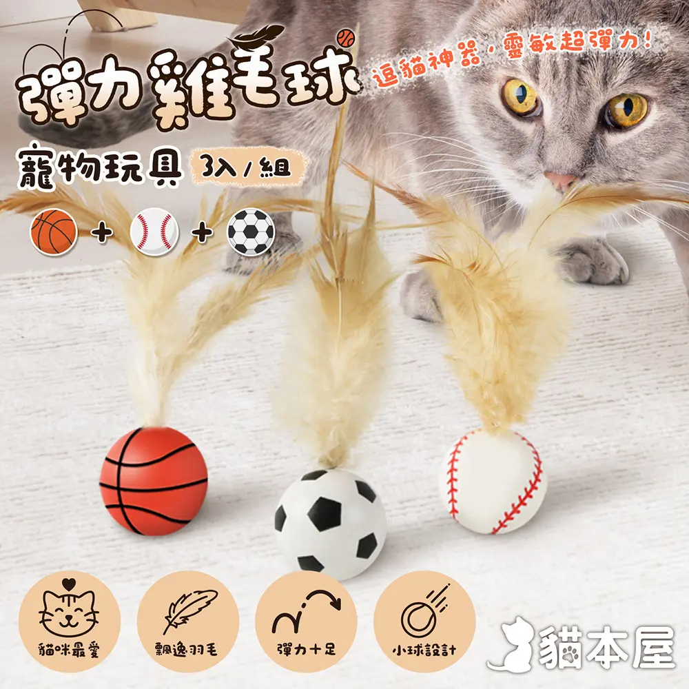 貓本屋 彈力雞毛球寵物玩具(3入組) 足球+籃球+棒球