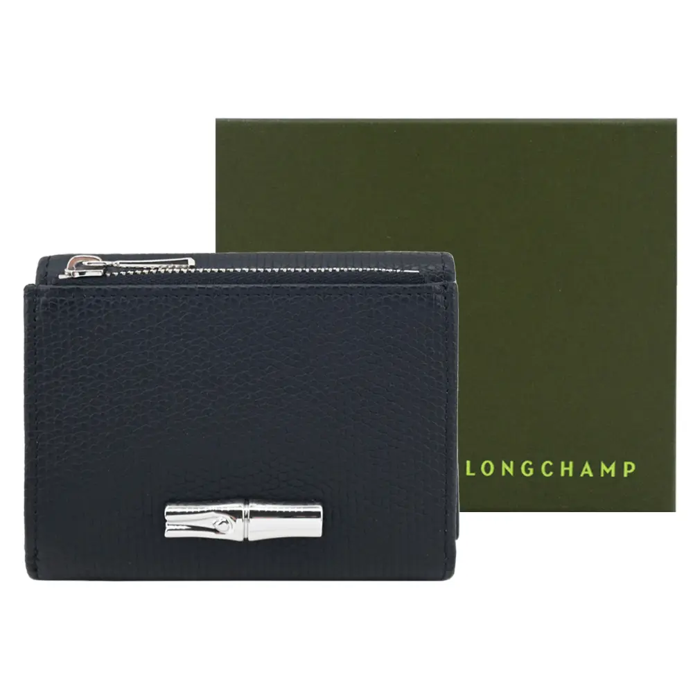 LONGCHAMP LE ROSEAU系列金屬竹節粒面牛皮三折短夾(黑)/平行輸入