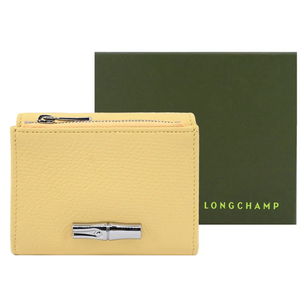 LONGCHAMP LE ROSEAU系列金屬竹節粒面牛皮三折短夾(小雞黃)/平行輸入