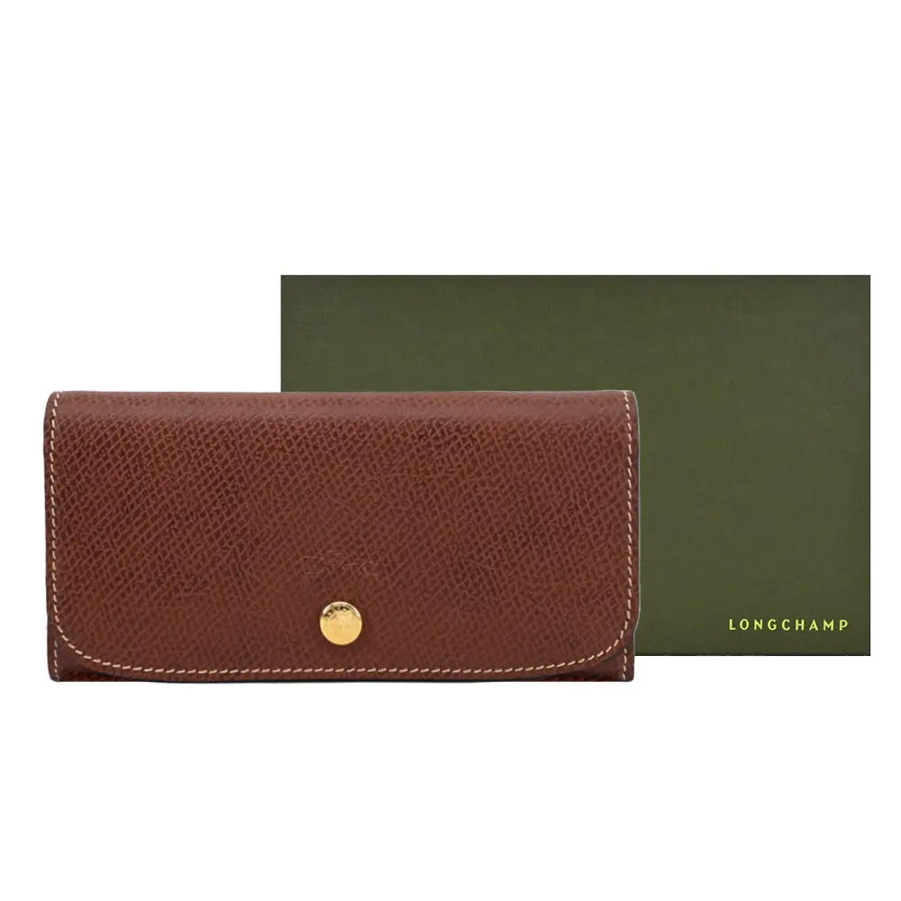 LONGCHAMP ÉPURE系列牛皮壓印翻蓋長夾(棕)/平行輸入