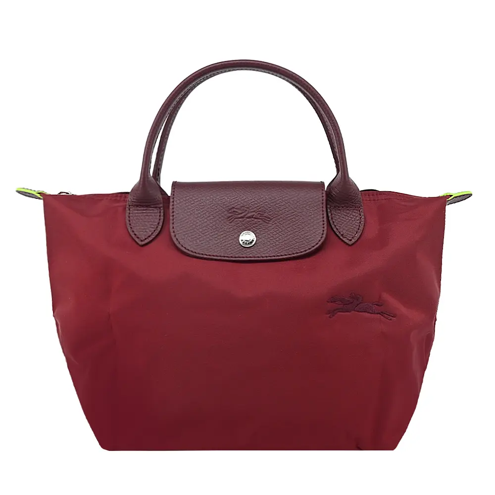 LONGCHAMP LE PLIAGE GREEN系列刺繡短把再生尼龍摺疊水餃包(小/紅石榴)/平行輸入
