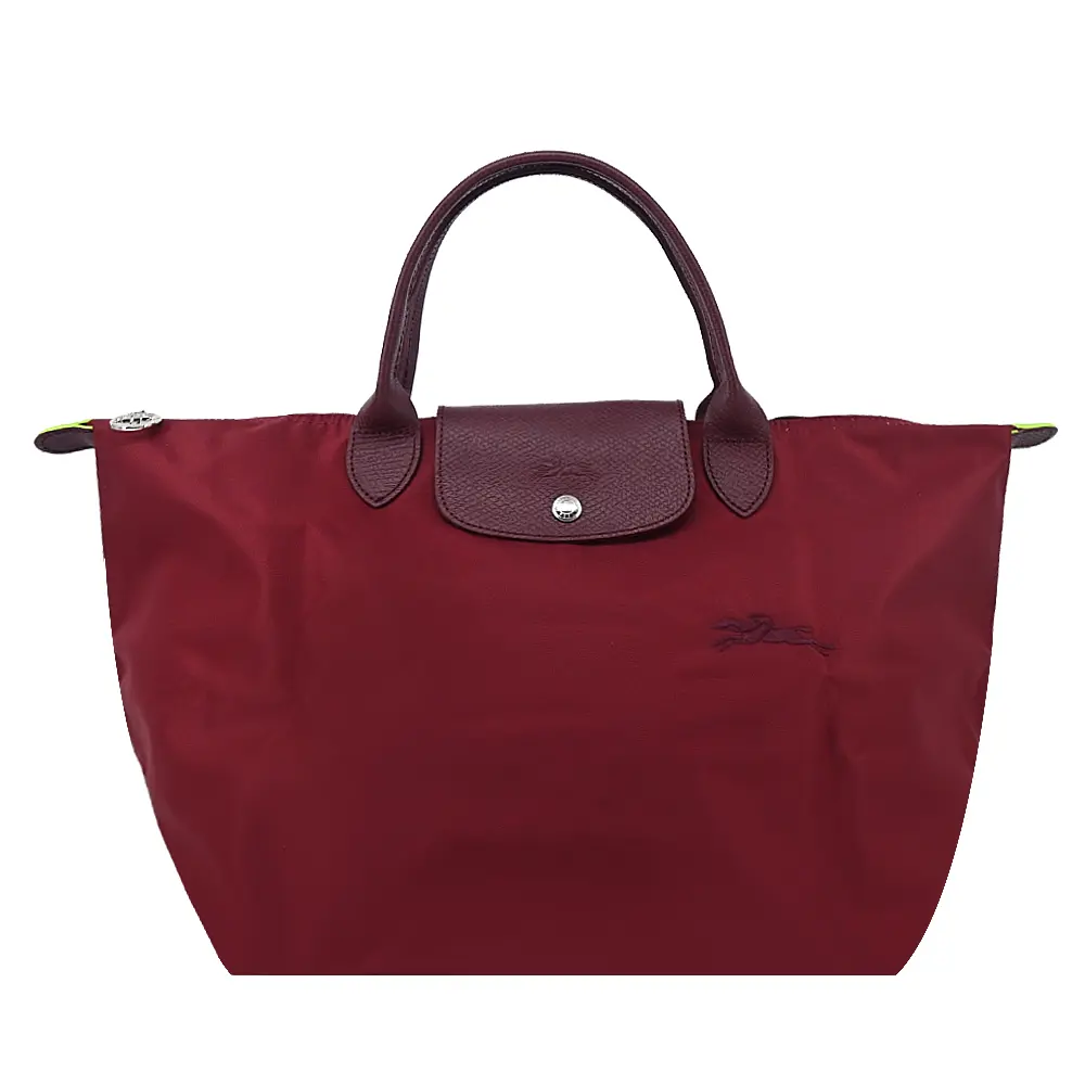 LONGCHAMP LE PLIAGE GREEN系列刺繡短把再生尼龍摺疊水餃包(中/紅石榴)/平行輸入