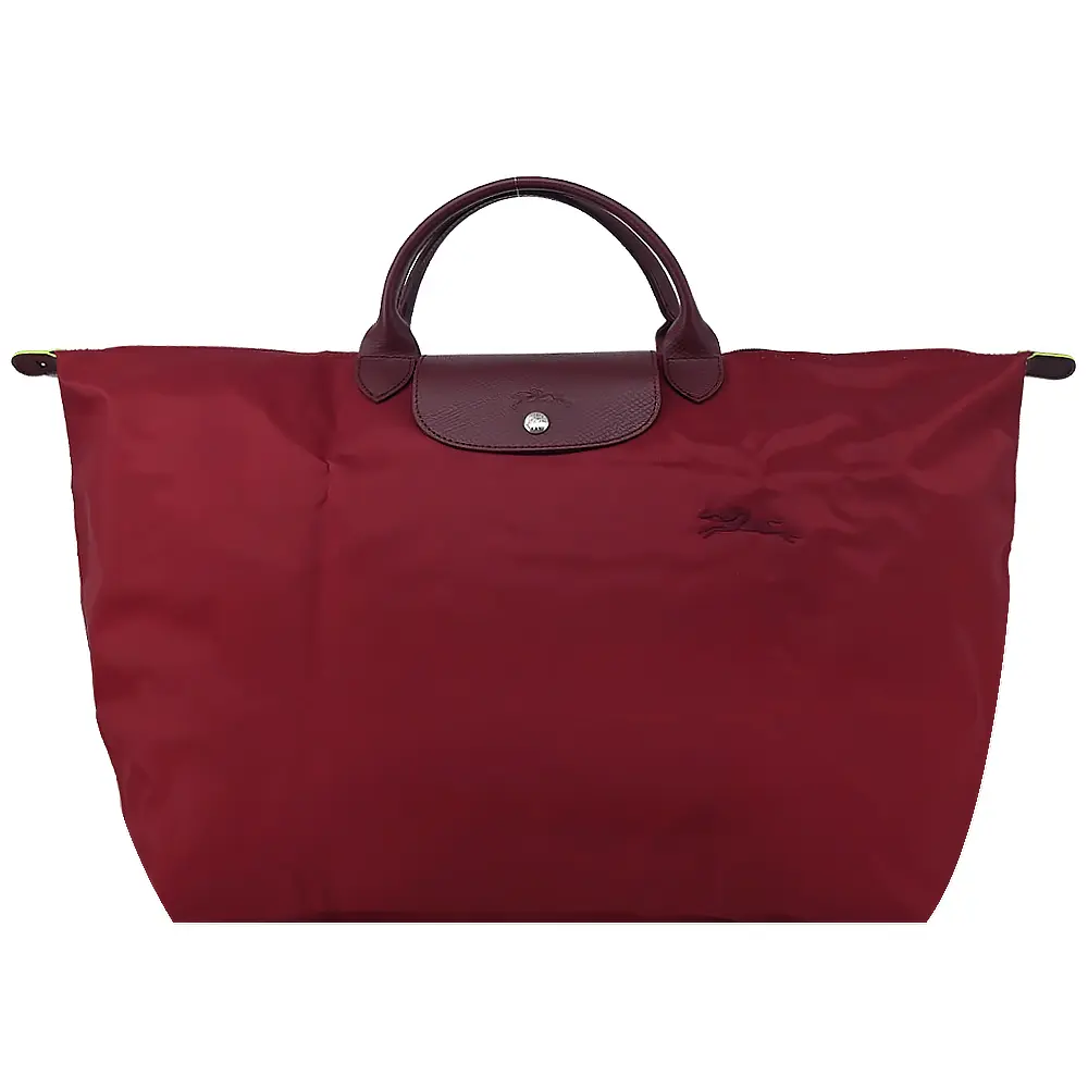LONGCHAMP LE PLIAGE GREEN系列刺繡短把再生尼龍摺疊旅行袋(大/紅石榴)/平行輸入