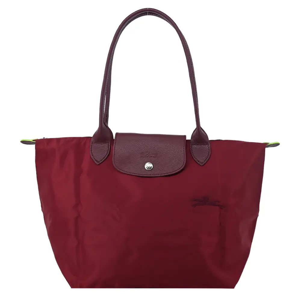 LONGCHAMP LE PLIAGE GREEN系列刺繡長把再生尼龍摺疊水餃包(中/紅石榴)/平行輸入