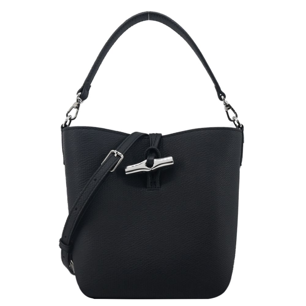 LONGCHAMP LE ROSEAU系列金屬竹節粒面牛皮兩用水桶包(迷你/黑)/平行輸入