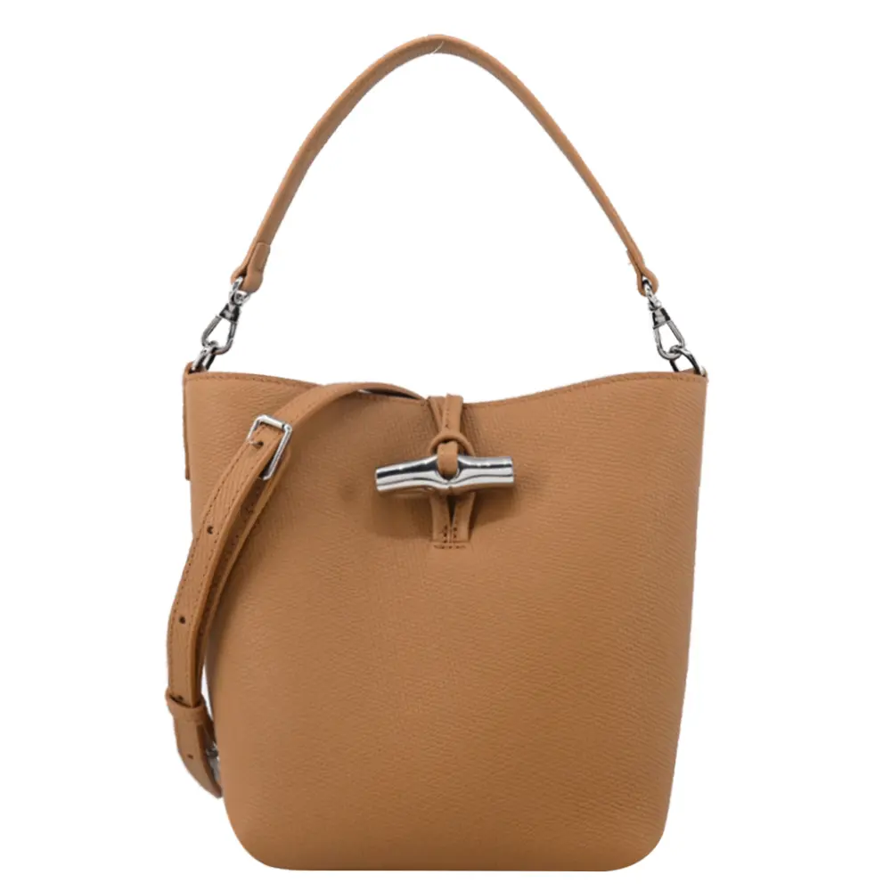 LONGCHAMP LE ROSEAU系列金屬竹節粒面牛皮兩用水桶包(迷你/胡桃棕)/平行輸入