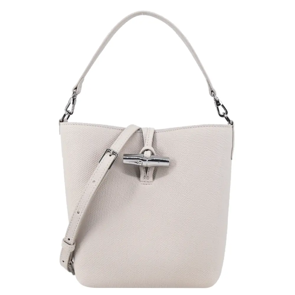 LONGCHAMP LE ROSEAU系列金屬竹節粒面牛皮兩用水桶包(迷你/白紙)/平行輸入