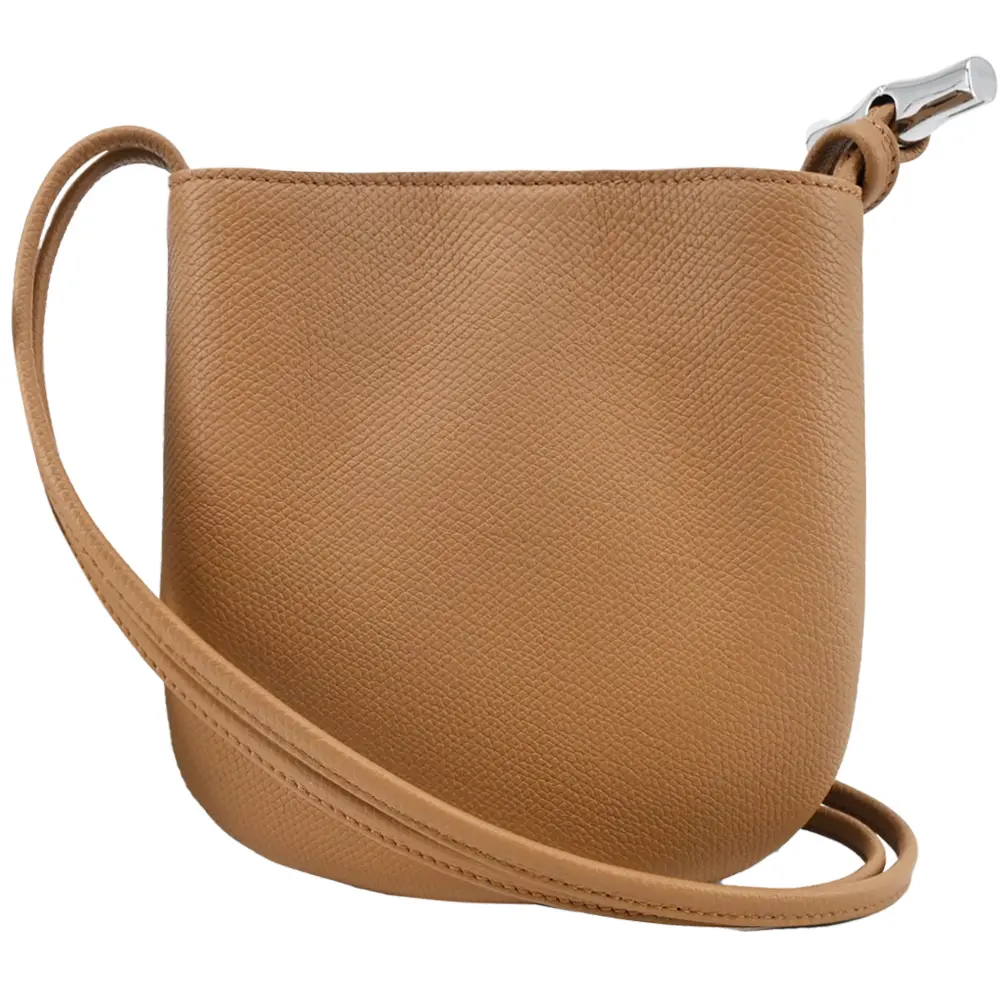 LONGCHAMP LE ROSEAU系列金屬竹節粒面牛皮雙肩帶斜背包(小/胡桃棕)/平行輸入