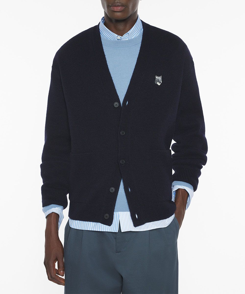 MAISON KITSUNÉ 經典海軍藍灰狐狸LOGO舒適開襟針織衫_男/中性/ XL