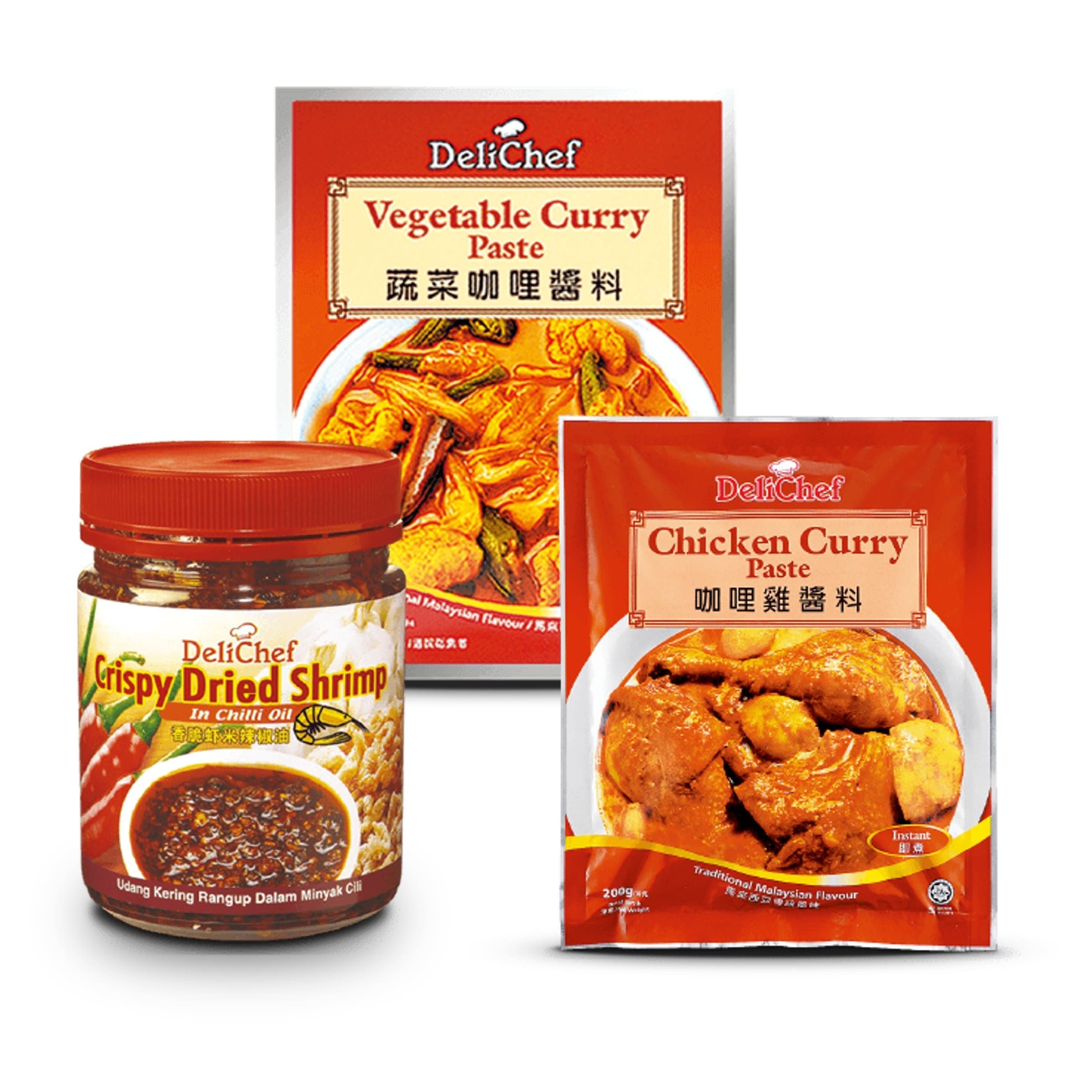 【DELICHEF】香脆乾蝦辣椒油X2+咖哩醬料組(咖哩雞風味醬料+DELICHEF咖哩醬料)各3包
