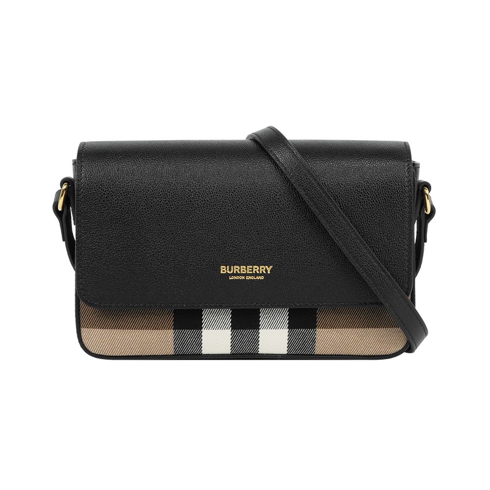 【BURBERRY】Hampshire 新款格紋帆布拼皮革手拿包/斜背包(黑色)/ 平行輸入