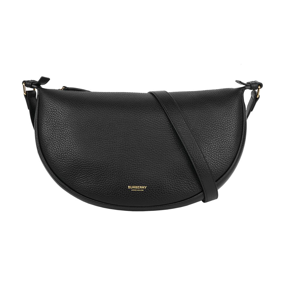 【BURBERRY】金字燙印Logo 牛皮半月形斜背包(黑色)/ 平行輸入