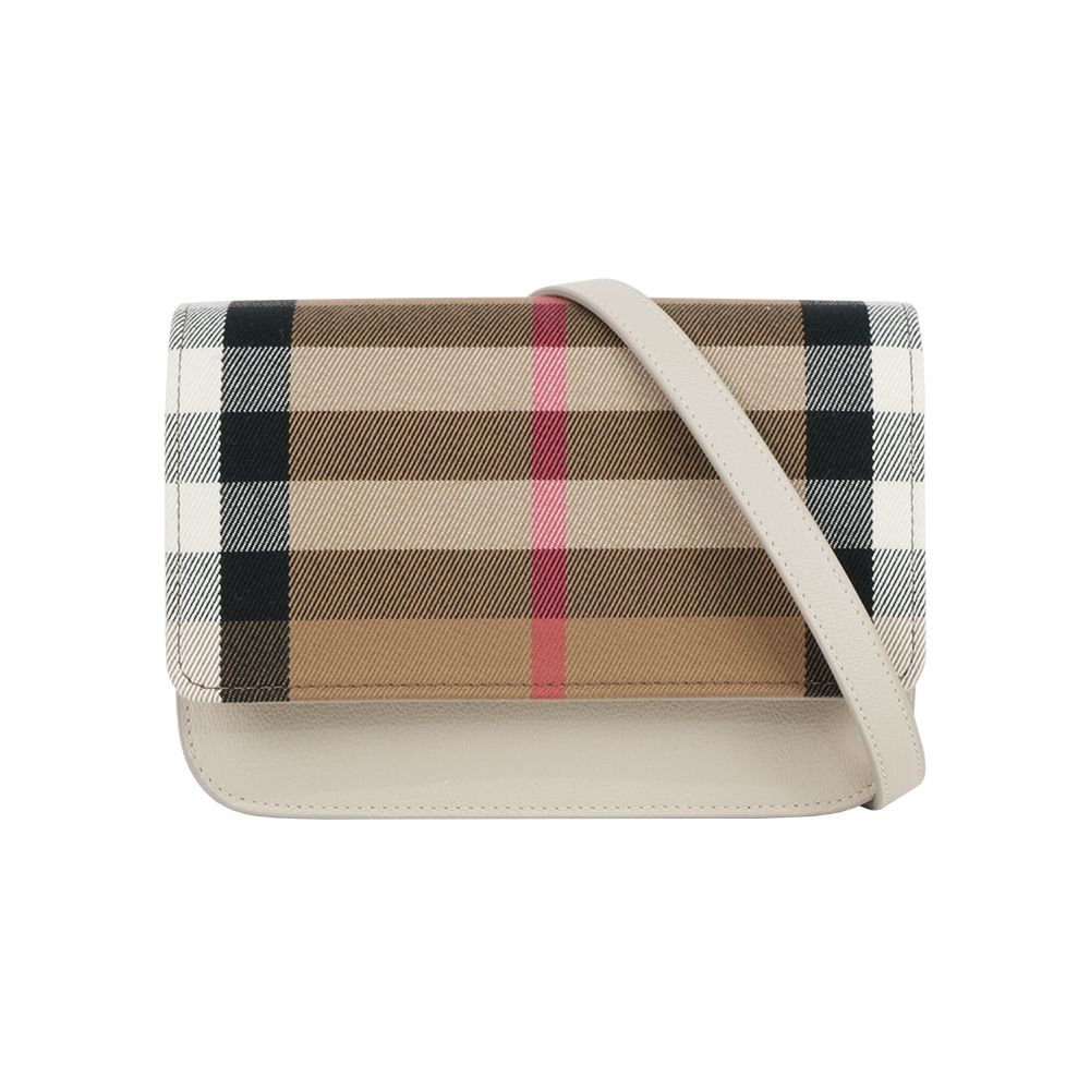 【BURBERRY】Madison 格紋帆布及皮革手拿包/斜背包(石灰白)/ 平行輸入