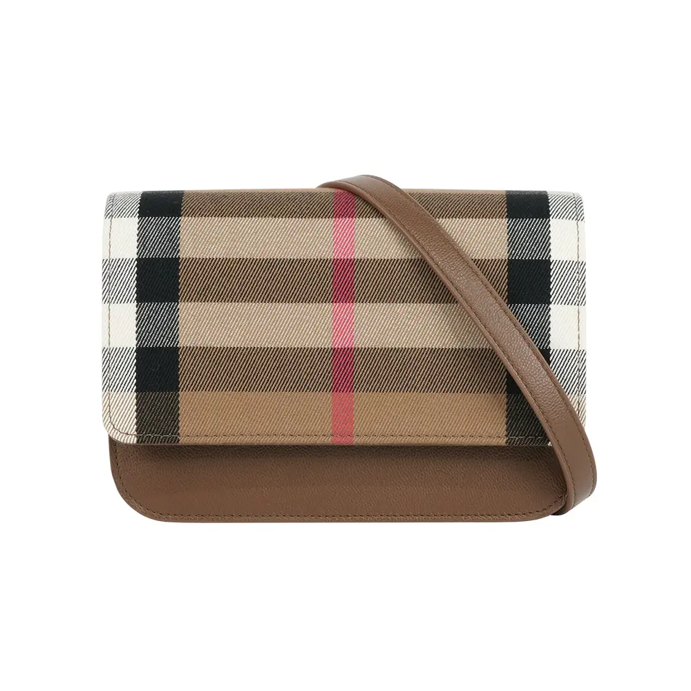【BURBERRY】Madison 格紋帆布及皮革手拿包/斜背包(土棕色)/ 平行輸入