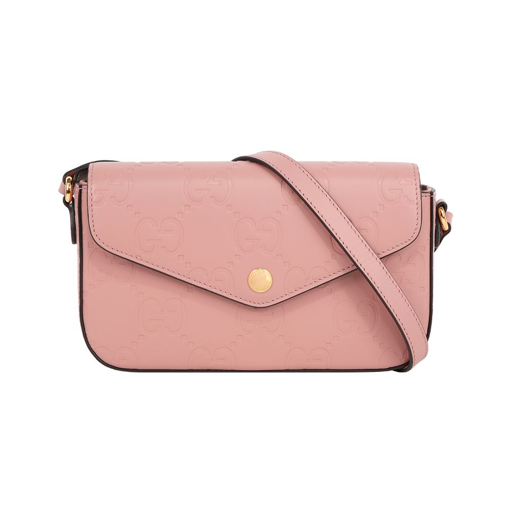 【GUCCI】大GG Logo 淡金釦信封造型斜背包/WOC(玫瑰粉)/ 平行輸入