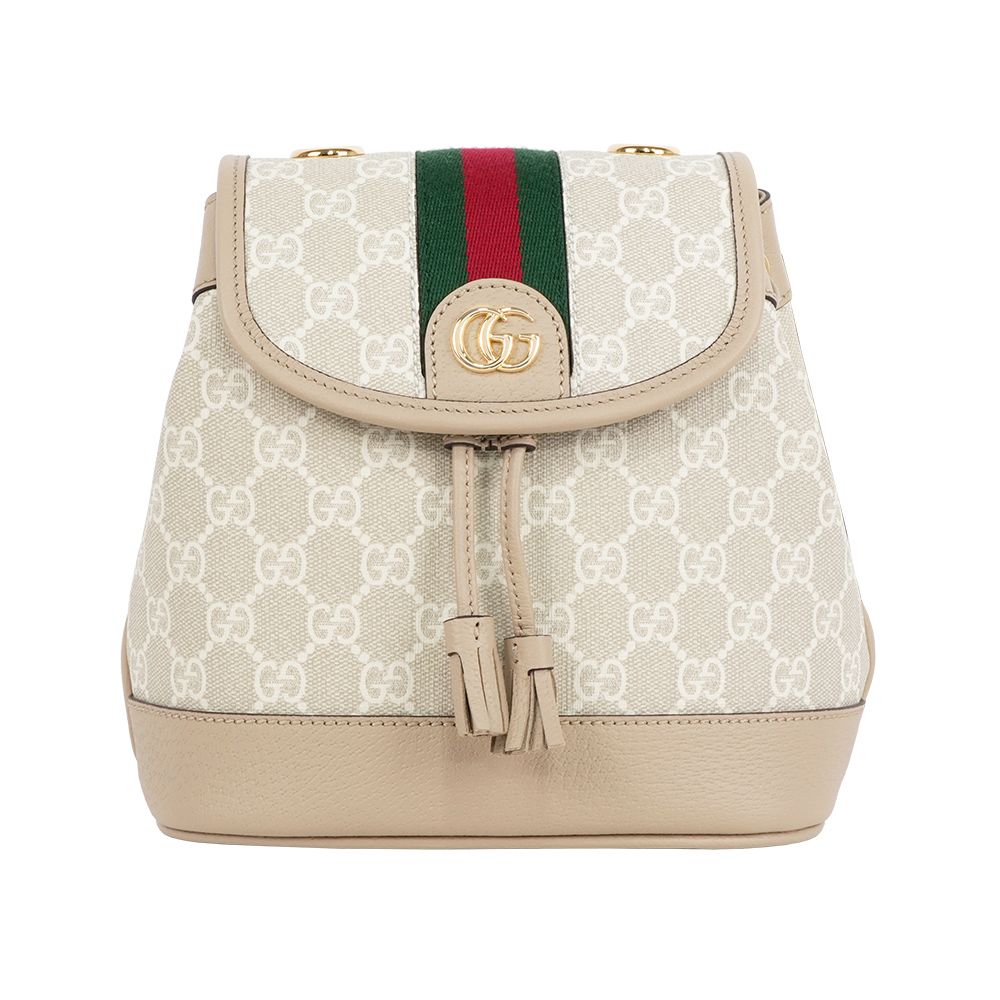 【GUCCI】Ophidia 塗層帆布及綠紅織帶束口迷你後背包(燕麥色)/ 平行輸入