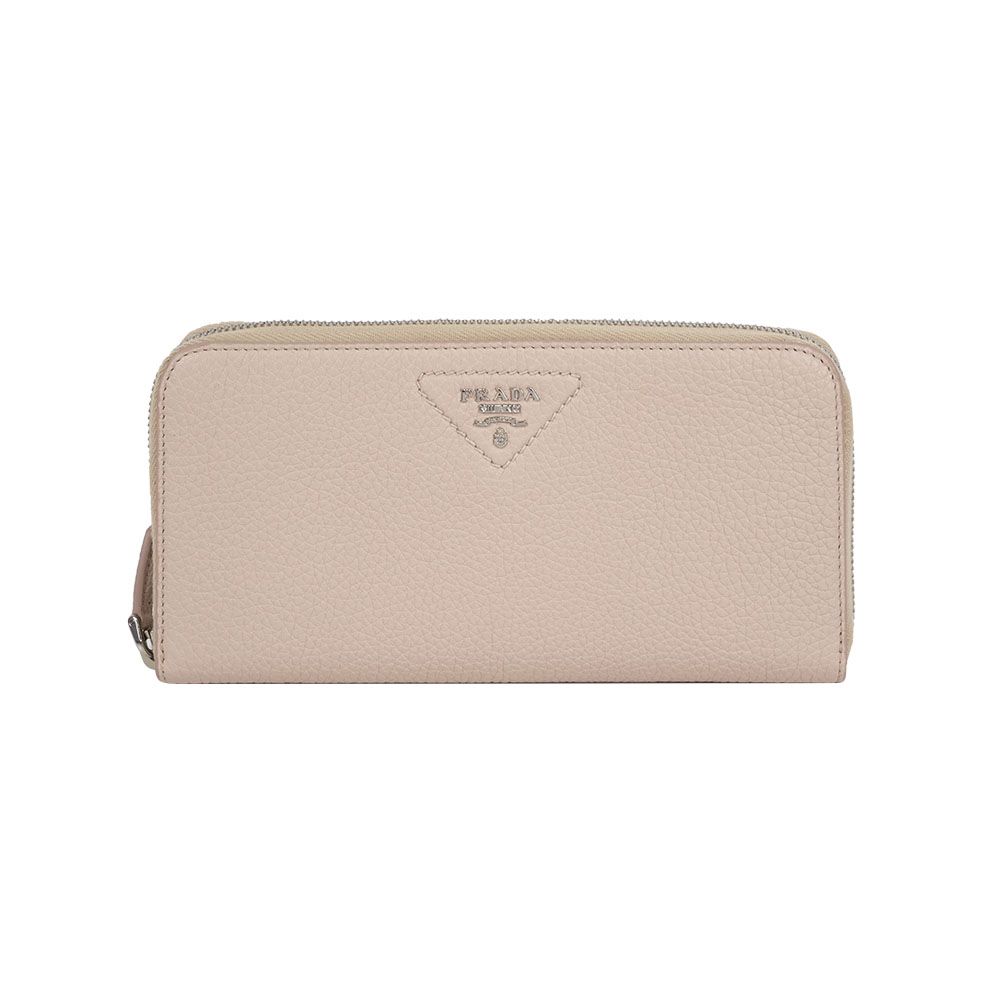 【PRADA】縫線三角Logo ㄇ形拉鍊長夾(荷花粉)/ 平行輸入