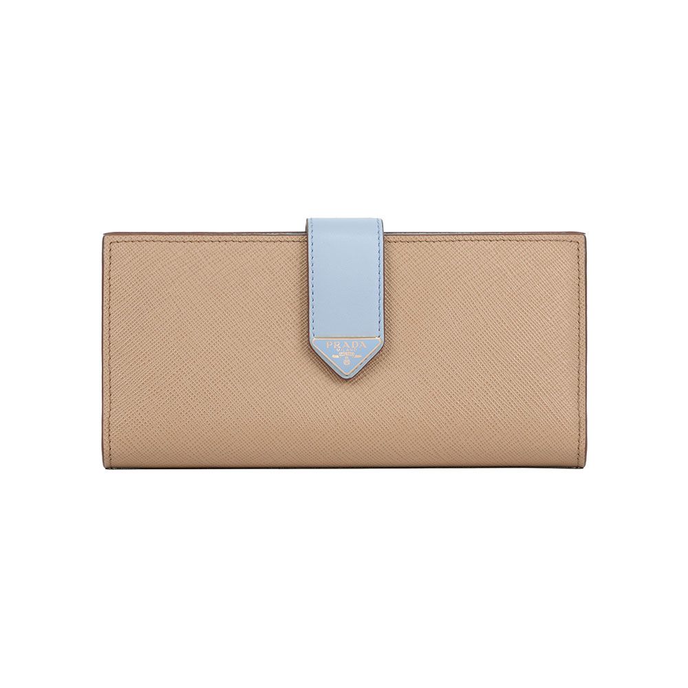 【PRADA】琺瑯三角Logo 撞色二折釦式長夾(沙色/淺藍色)/ 平行輸入