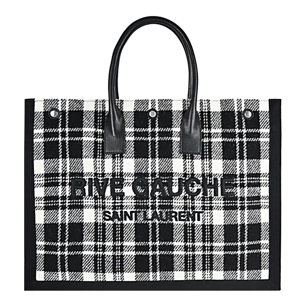 YSL RIVE GAUCHE 羊毛蘇格蘭紋縫線LOGO托特包(黑白)/平行輸入