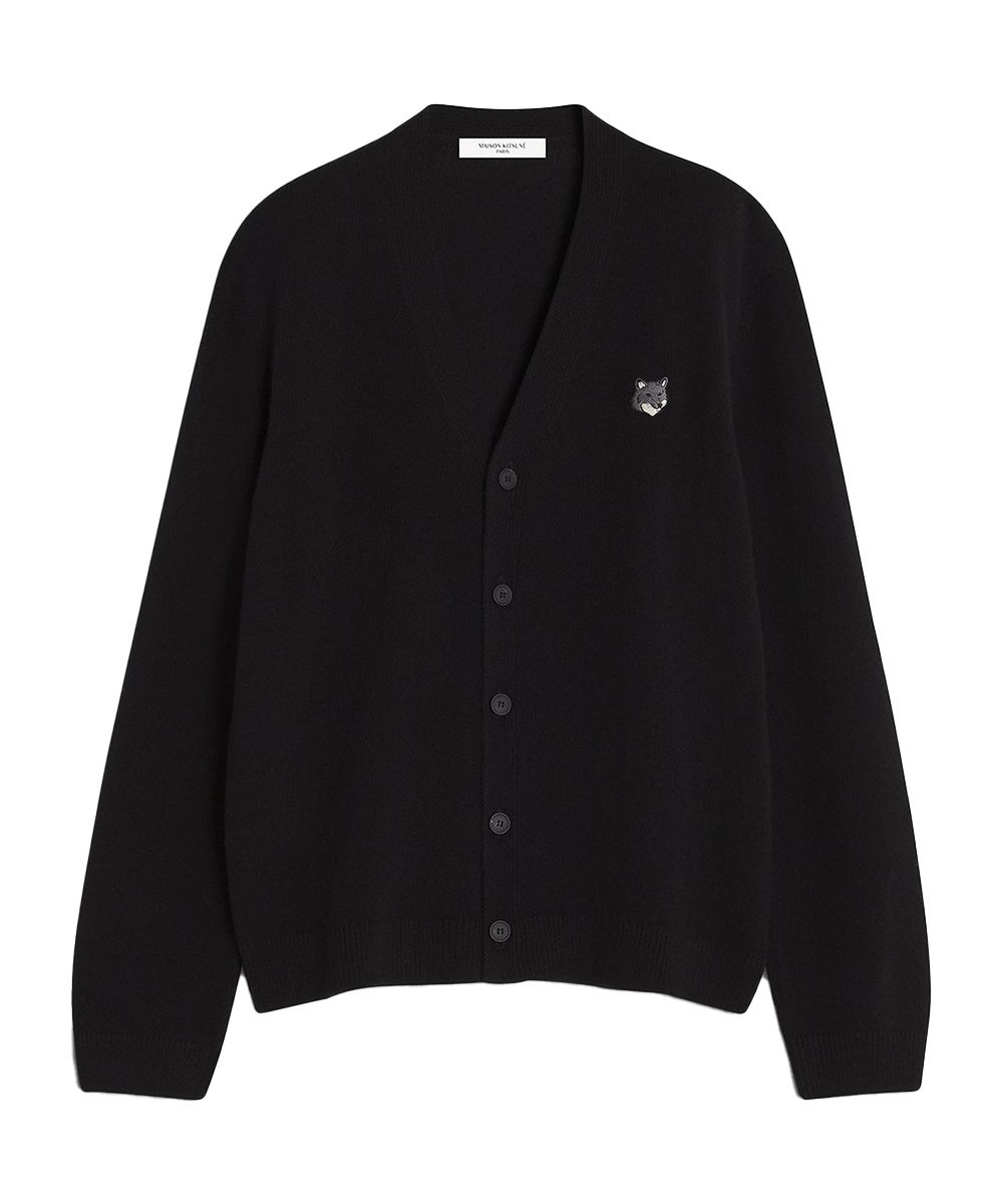 MAISON KITSUNÉ 午夜黑灰狐狸LOGO舒適開襟針織衫_男/中性/ L