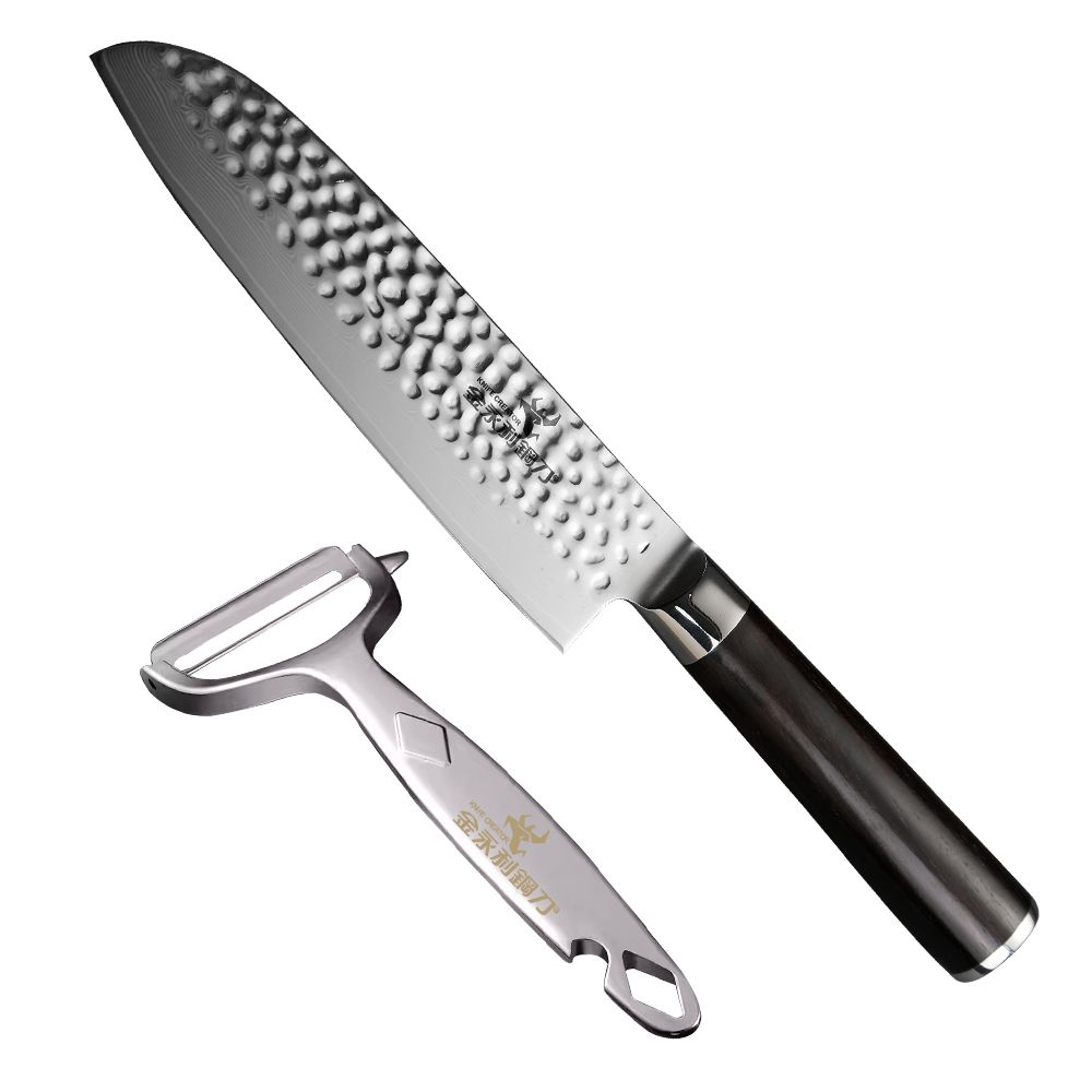 金永利鋼刀 SK8龍紋捶打大馬士革鋼 三德刀17cm (送鋅合金刨刀)