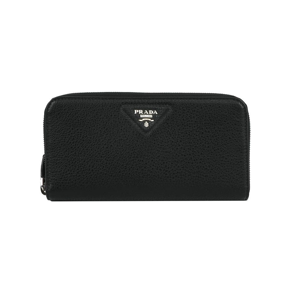 【PRADA】縫線三角Logo ㄇ形拉鍊長夾(黑色)/ 平行輸入