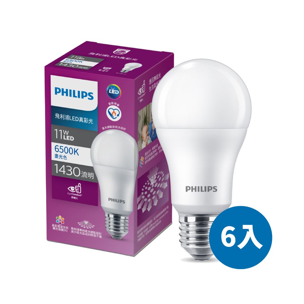 【Philips 飛利浦】11W LED真彩光燈泡 E27 3000K/4000K/6500K 6入組(超省電 節能標章認證 三色可選)/ 晝光色6500K
