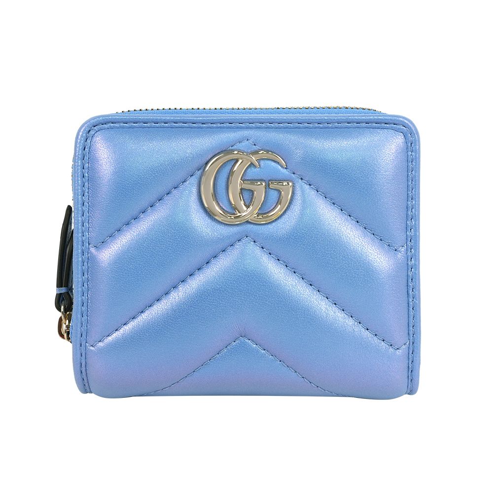 【GUCCI】GG Marmont 銀字二折釦式短夾(珠光藍)/ 平行輸入