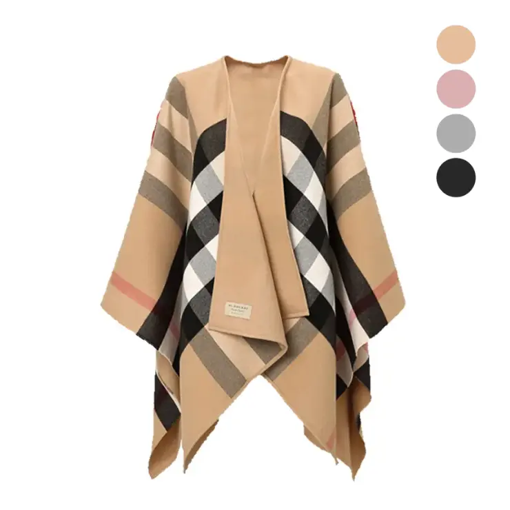 BURBERRY 經典格紋雙色羊毛披肩/斗篷(任選)平行輸入/ 卡其