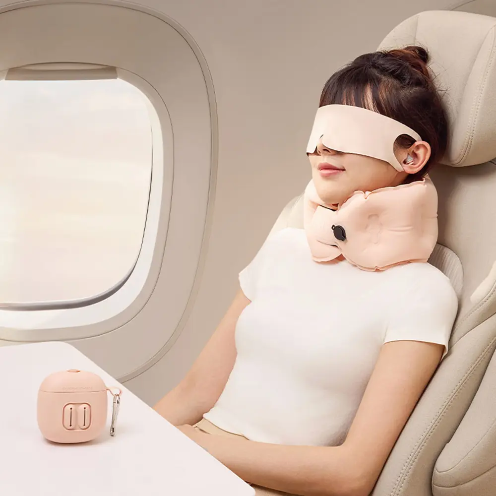 EVERY THINK 捲捲充氣旅行三件組/ 充氣頸枕+薄貼眼罩+降噪耳塞/ 粉色/ 附專屬充氣收納盒