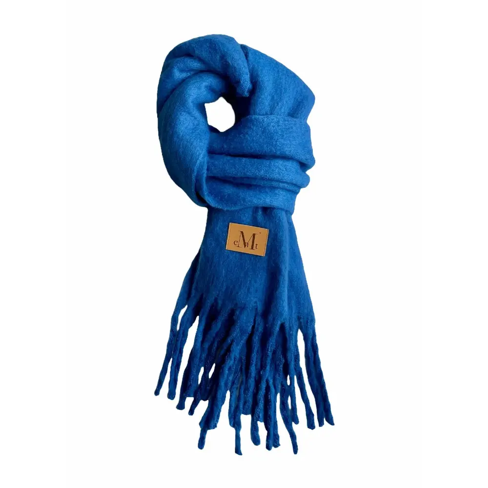 韓國 MUCENT SIGNATURE MUFFLER 經典流蘇圍巾 長版 皮革標藍色Blue
